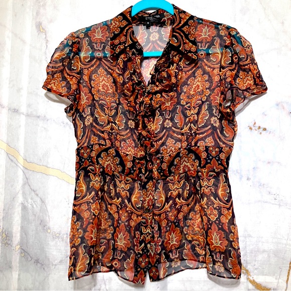 EtCetera 100% Silk Boho Brown Mixed Pattern Ruffle Sheer Blouse, size 8 - Picture 1 of 2